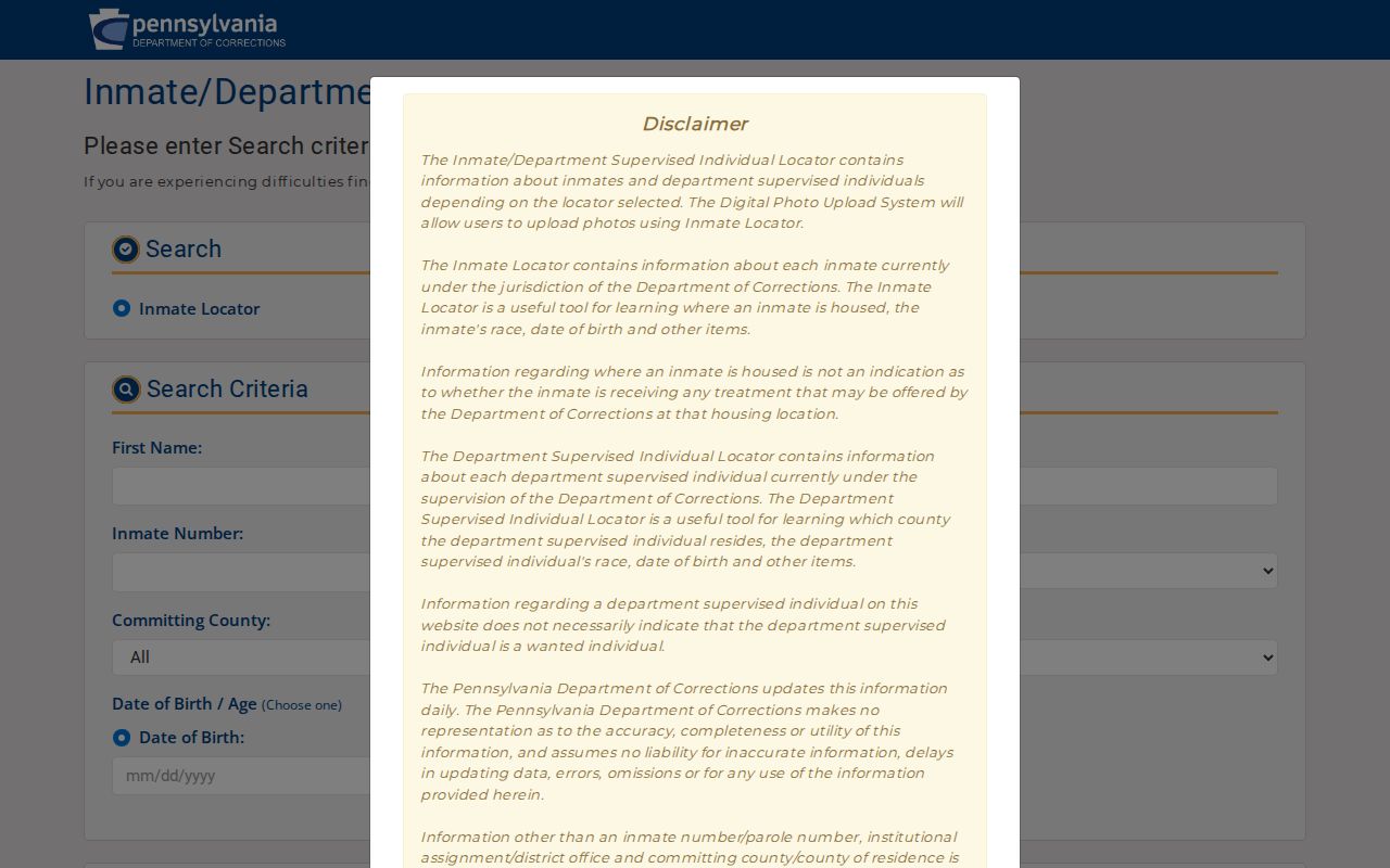 Live Pennsylvania DOC released inmate and supervised person search