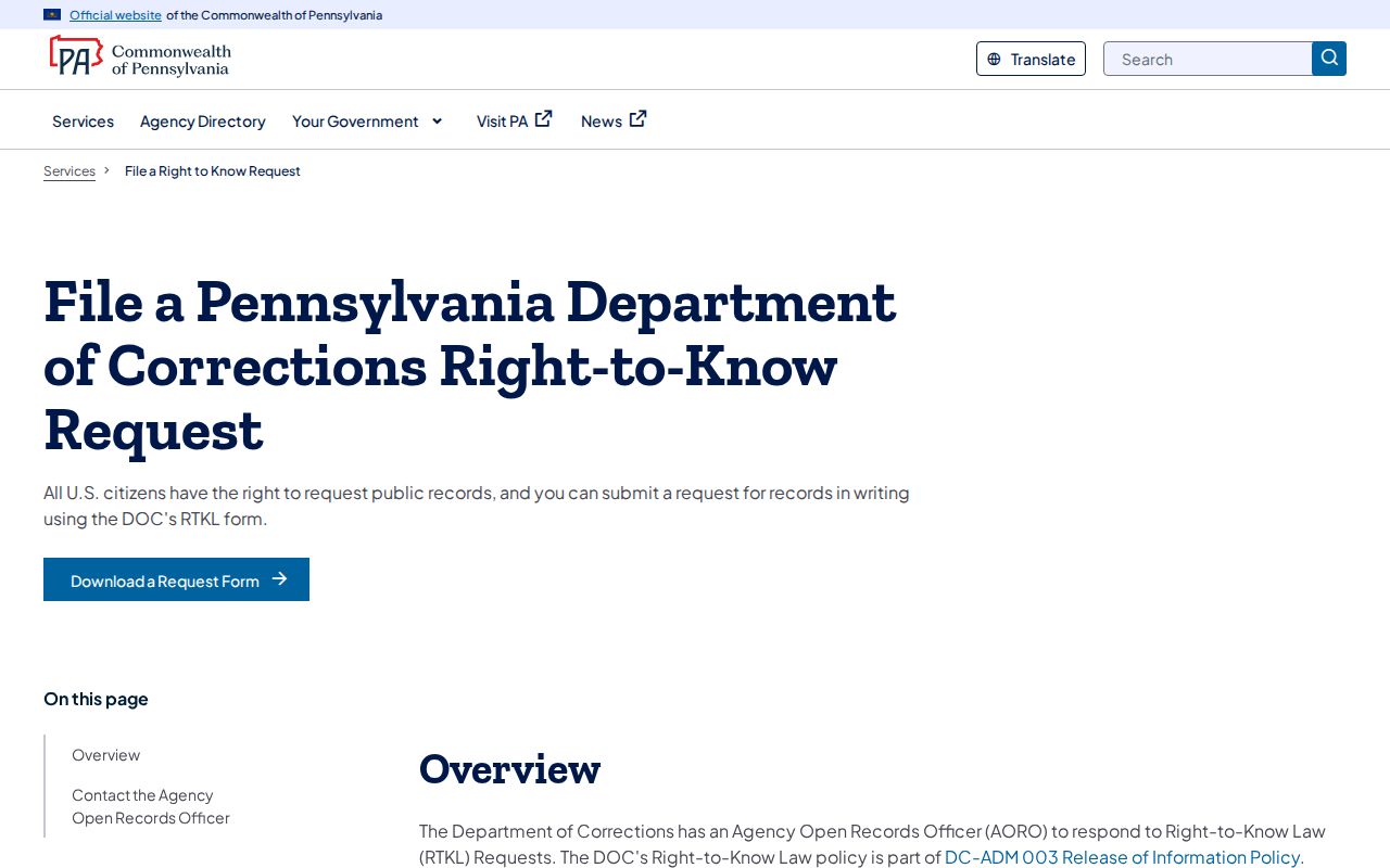 Pennsylvania DOC Right-to-Know release records request page
