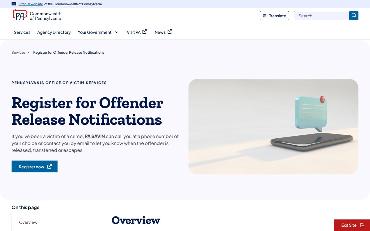 Pennsylvania PA SAVIN released inmate notification registration