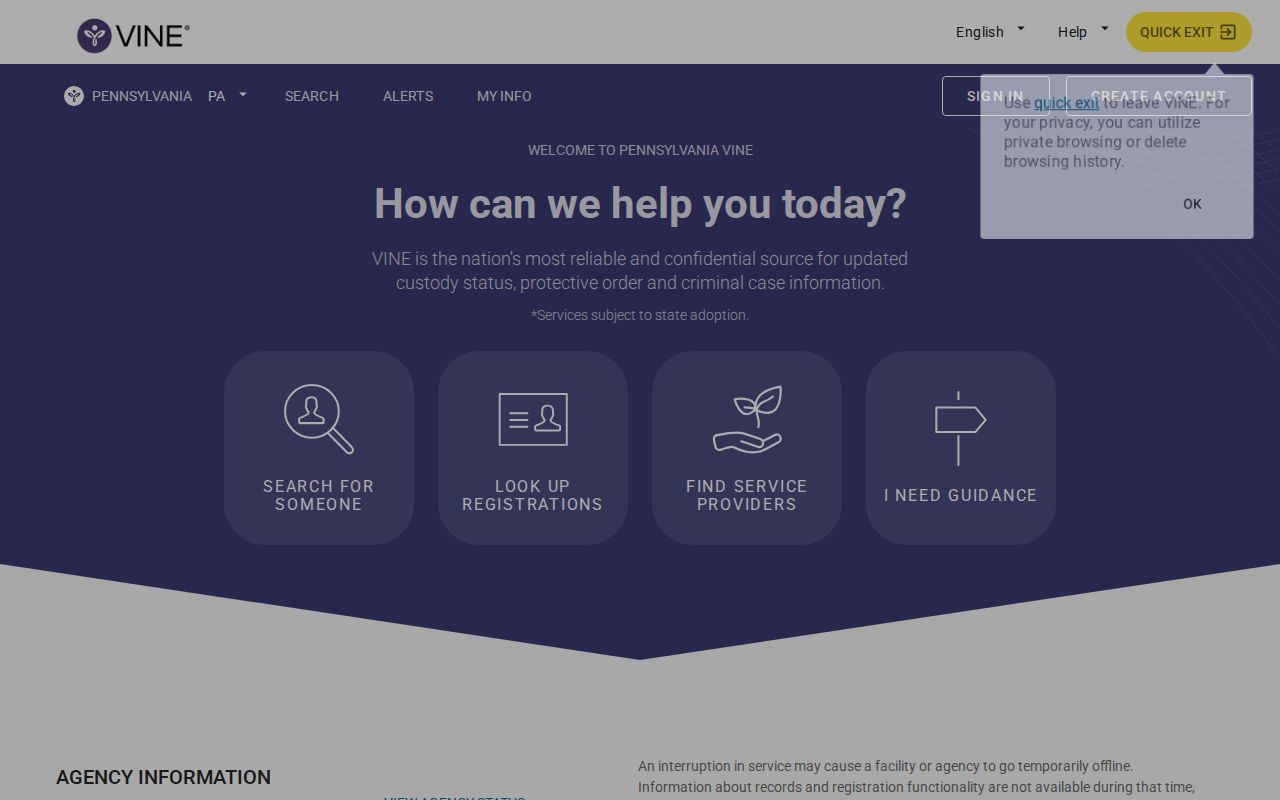 Pennsylvania VINELink portal for released inmate status