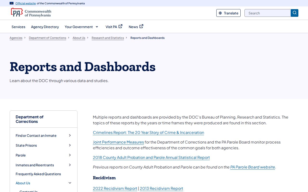 Pennsylvania DOC dashboard distinguishing parole approval from completed release